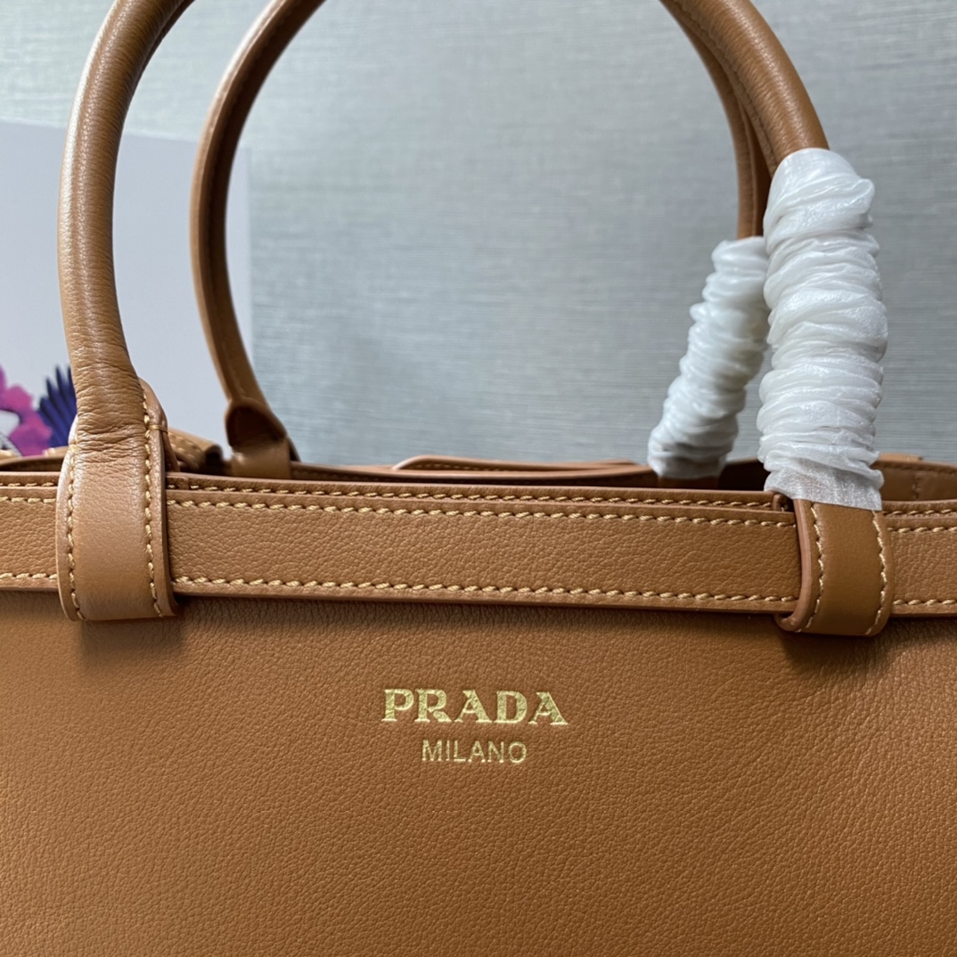 Prada Medium Buckle Leather Handbag Shoulder Bag With Double Belt Caramel 1BA417